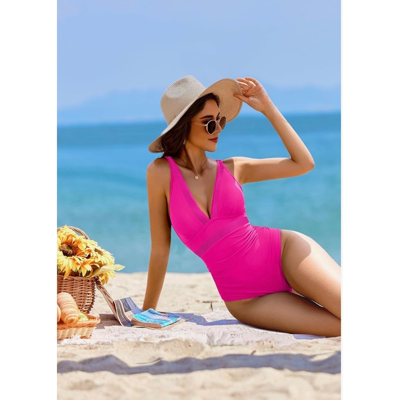 Aimage Pink One Piece Swimsuit V Neck Tummy Control Bathing Suit Beachwear Xl